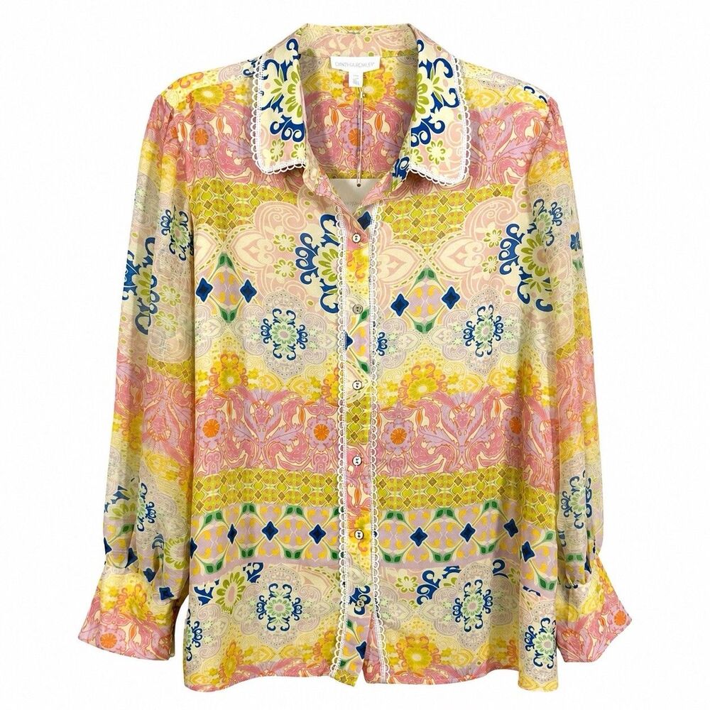 Cynthia Rowley Womens 1X Paisley Floral Blouse Multicolor Button Down Boho